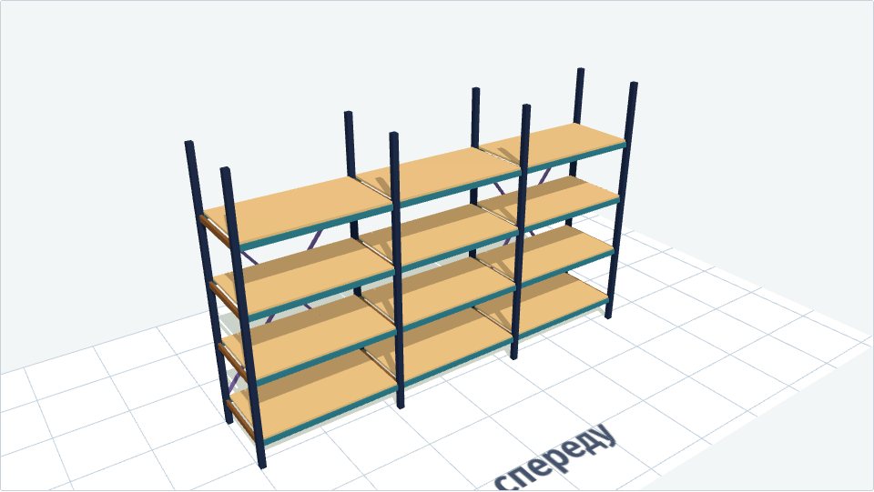 3D-модель зварного стелажа з профтруби на три секції і чотири полиці зі щитами